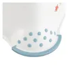 A close-up view of the bottom part of a white plastic step stool with blue polka dots and a blue trim. Produktbild-Vorschau