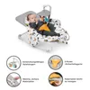 A baby is lying in a baby bouncer with a toy arch and accessories. The image also includes four smaller circular images highlighting product features. Produktbild-Vorschau
