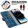 A blue wallet-style phone case with card slots is shown open, displaying a smartphone inside. Text overlays highlight features like 'RFID BLOCKING'. Produktbild-Vorschau