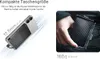 A person's hand is shown placing a power bank into a pocket, with a separate image showing the power bank next to a smartphone. Produktbild-Vorschau