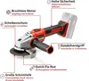 A cordless angle grinder with various features highlighted by text labels and lines. Produktbild-Vorschau