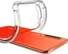 A clear protective phone case is shown being placed onto an orange smartphone. Produktbild-Vorschau
