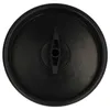 A top-down view of a black circular filter lid with a black handle in the center. There are icons for locking and unlocking on the lid. Produktbild-Vorschau