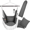 A hanging chair with accessories, laid out on a white background.