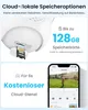 The image shows a split view. The top half displays a security camera with a SIM card inserted and text about storage options. The bottom half shows a smartphone displaying a live feed from a camera, with text about a free cloud service. Náhled obrázku produktu