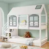 A children's house-shaped bunk bed with a mattress, pillows, and stuffed animals. Produktbild-Vorschau