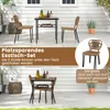 An outdoor patio scene showing a dining set with chairs tucked under a table, with additional marketing text overlays. Produktbild-Vorschau