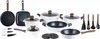 A collection of white and black cookware with brown handles, including pots, pans, and utensils, arranged on a white background. Produktbild-Vorschau