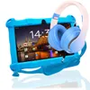 A blue tablet in a protective case and blue headphones are displayed against a white background. Produktbild-Vorschau