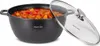 A black pot with a speckled finish filled with stew, with a clear glass lid propped open next to it. Produktbild-Vorschau