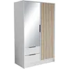 A white wardrobe with a mirrored door and a slatted wood door, set against a white background. Produktbild-Vorschau