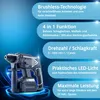 A promotional image showcasing a cordless hammer drill with feature callouts. Produktbild-Vorschau
