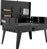 A black rectangular grill with its lid open, showing cooking utensils attached to the inside of the lid. Voir les images du produit