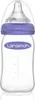 A clear, studio shot of a Lansinoh glass baby bottle with a purple ring and a clear nipple and cap. Podgląd zdjęcia produktu