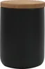 A black storage jar with a wooden lid. Produktbild-Vorschau