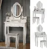 A white vanity table with a mirror and stool, shown in a room setting and as separate product shots. Podgląd zdjęcia produktu