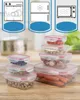 A collage showing icons for dishwasher, refrigerator, and microwave at the top, and a stack of food storage containers filled with food in the lower part. Produktbild-Vorschau