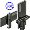 Two views of a black smartphone holder attached to a smartphone, with a blue 360-degree graphic overlay. Produktbild-Vorschau