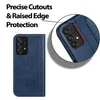 A blue flip case for a Samsung Galaxy A52 phone, shown open to reveal the phone's camera module, with text highlighting features. Produktbild-Vorschau