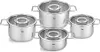 A set of four stainless steel pots with glass lids, arranged on a white background. Produktbild-Vorschau