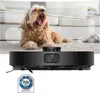 A robot vacuum cleaner in front of a screen displaying a dog yawning, with interface elements overlaid. A certification badge is below the vacuum. Náhled obrázku produktu