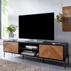 Lowboard TV-Schrank 163x45x40cm Holz Eiche-Dekor Schwarz Modern in Gesamtansicht mit zwei Türen und offenem Mittelfach. Anteprima dell’immagine prodotto