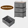 A diagram showing the dimensions of a fabric storage drawer and a three-drawer dresser. Podgląd zdjęcia produktu