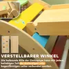 A close-up view of a wooden Montessori climbing structure with colorful elements and text overlays. Produktbild-Vorschau