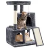 Two cats playing on a multi-level cat tree with scratching posts and a dangling toy. Produktbild-Vorschau