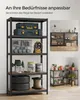 A multi-panel image showcasing a black metal shelving unit with wooden shelves, filled with various items like toolboxes, storage bins, a fan, tools, paint cans, tires, and a spool of wire. Smaller inset images show the shelving unit configured differently Produktbild-Vorschau