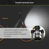 A close-up view of an electric bicycle's front fork and headlight, with a spotlight effect illuminating the area. Text overlays describe the bike's features. Produktbild-Vorschau
