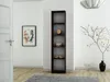 A tall, narrow bookshelf is placed against a white wall in a room with wooden flooring and a gray rug. A framed abstract painting hangs on the wall to the left, and a decorative tree branch with yellow leaves is on the wall to the right. The bookshelf cont Produktbild-Vorschau