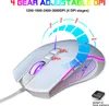 A white gaming mouse with colorful LED lighting and adjustable DPI settings is shown with graphical representations of the DPI stages. Produktbild-Vorschau