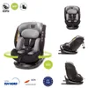 A collage of images showcasing a gray and black car seat from different angles and with informational icons. Produktbild-Vorschau