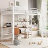 A white metal loft bed with a desk and shelves underneath, set up in a room with a window and curtains. Anteprima dell’immagine prodotto