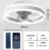 A collage of images showing a modern ceiling fan with integrated LED lighting, its remote control, a smartphone app interface, and a technical specifications chart. Produktbild-Vorschau
