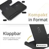 A split image showing a black wireless charging station in two different configurations, with text overlays highlighting its features. Produktbild-Vorschau