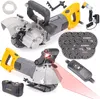 A collection of wall chaser tools and accessories, including multiple cutting discs, a remote control, and a water reservoir, arranged on a white background. Náhľad obrázku produktu