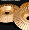 A close-up shot of three tungsten carbide grinding wheel discs with intricate patterns on their surfaces, set against a dark background. Produktbild-Vorschau