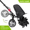 Close-up of a garden tiller with text overlays highlighting features. Produktbild-Vorschau