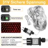 A collage of images showing details of a red LED light net, its power adapter, and timer functions. Produktbild-Vorschau