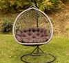 A hanging egg chair with a brown cushion sits on a grassy lawn with autumn leaves scattered around. Voir les images du produit