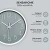 A close-up of a wall clock with descriptive text and icons highlighting its features. Náhled obrázku produktu