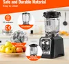A black VEVOR commercial blender is shown on a kitchen counter, with various callouts highlighting its features and certifications. Náhled obrázku produktu