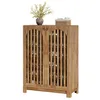 A wooden shoe cabinet with slatted doors, topped with a vase of yellow flowers and a woven basket. Anteprima dell’immagine prodotto