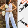 A woman is wearing a phone lanyard, with close-up shots of the lanyard's attachment points. Produktbild-Vorschau
