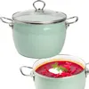 A light green pot with a glass lid is shown above a close-up of the same pot filled with red soup, garnished with a dollop of sour cream and dill. Produktbild-Vorschau