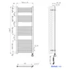 Technical drawing of a heated towel rail with dimensions and mounting details. Podgląd zdjęcia produktu