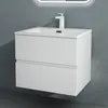 A white bathroom vanity with a sink and faucet mounted on a gray wall. Produktbild-Vorschau