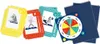A collection of cards and a spinner for a children's game, featuring cartoon animals in yoga poses. Produktbild-Vorschau